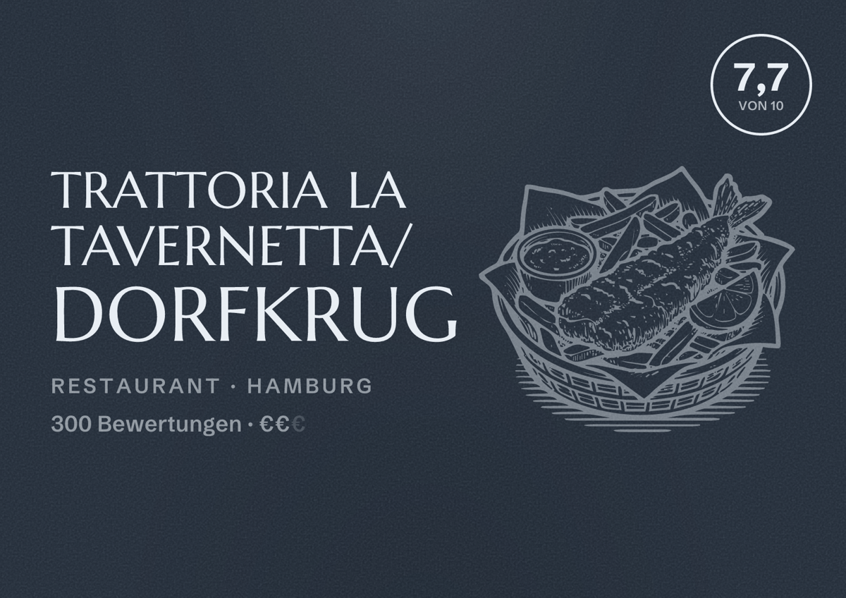 Illustriertes Poster von Trattoria La Tavernetta/ Dorfkrug, Restaurant in Hamburg: Bewertung 7,7 von 10 aus 300 Bewertungen, Preisniveau €€
