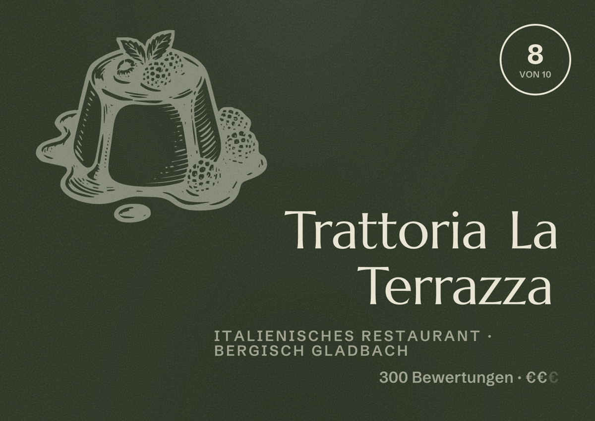 Illustriertes Poster von Trattoria La Terrazza, Italienisches Restaurant in Bergisch Gladbach: Bewertung 8 von 10 aus 300 Bewertungen, Preisniveau €€