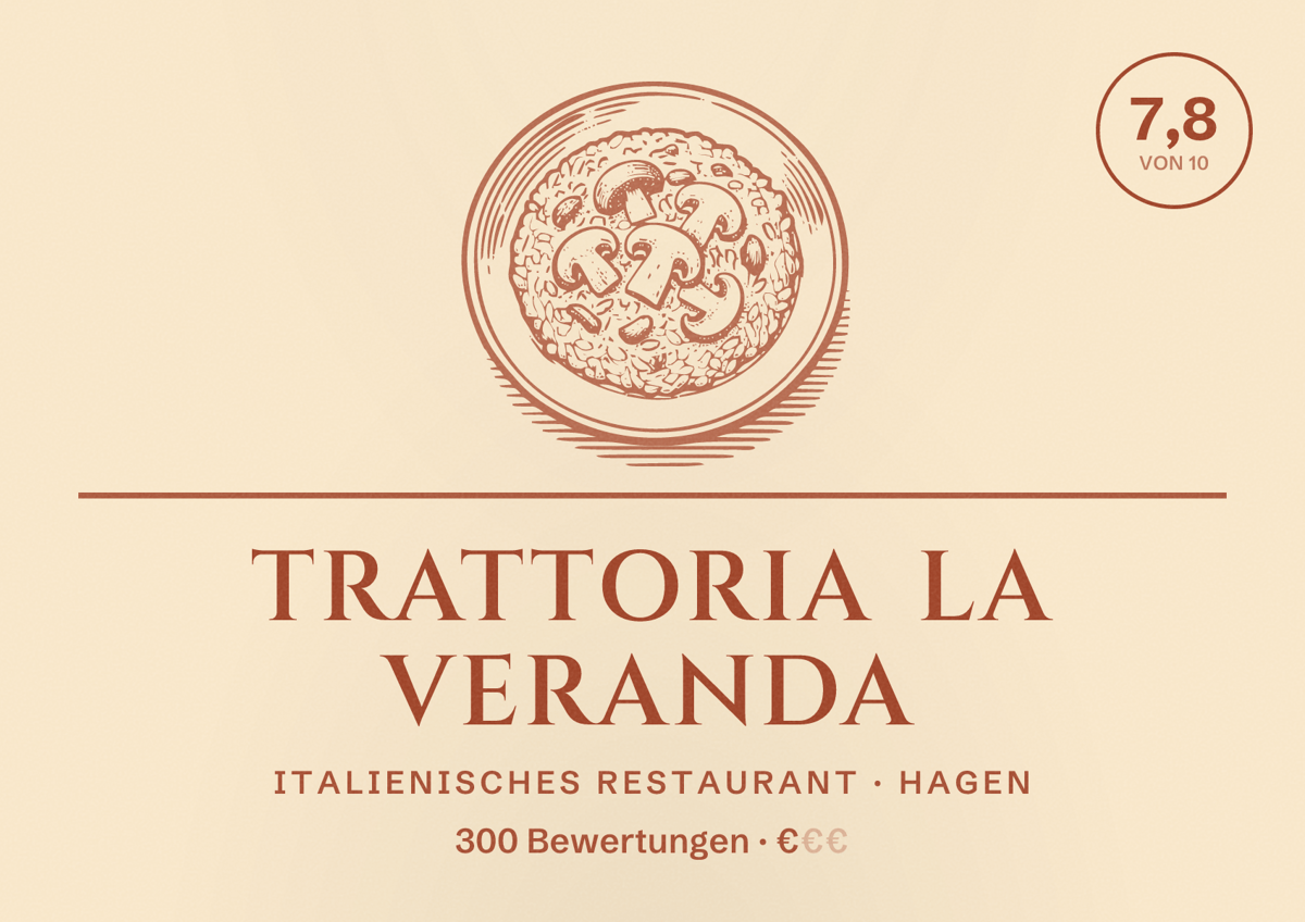 Illustriertes Poster von Trattoria La Veranda, Italienisches Restaurant in Hagen: Bewertung 7,8 von 10 aus 300 Bewertungen, Preisniveau €