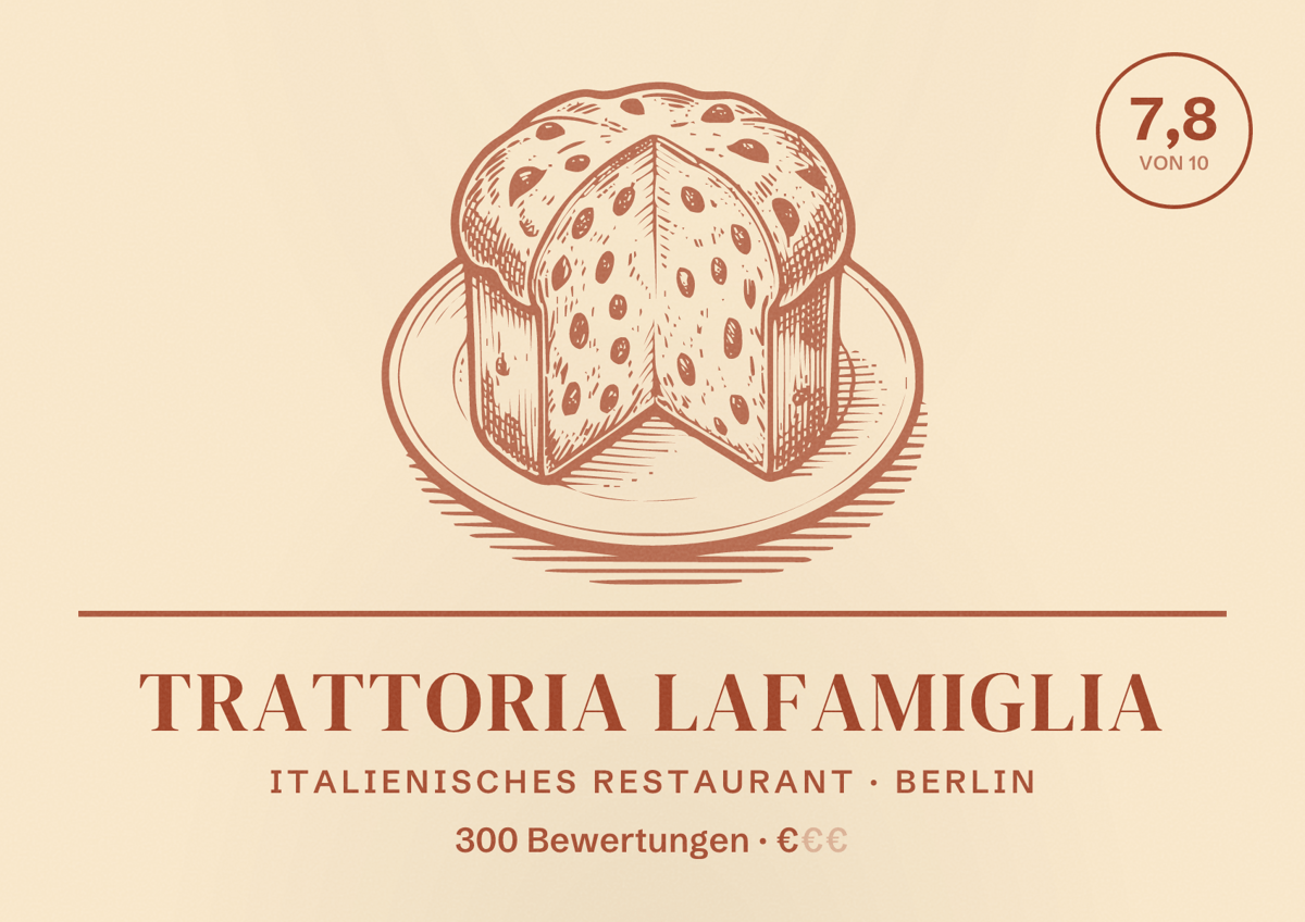 Illustriertes Poster von Trattoria LaFamiglia, Italienisches Restaurant in Berlin: Bewertung 7,8 von 10 aus 300 Bewertungen, Preisniveau €