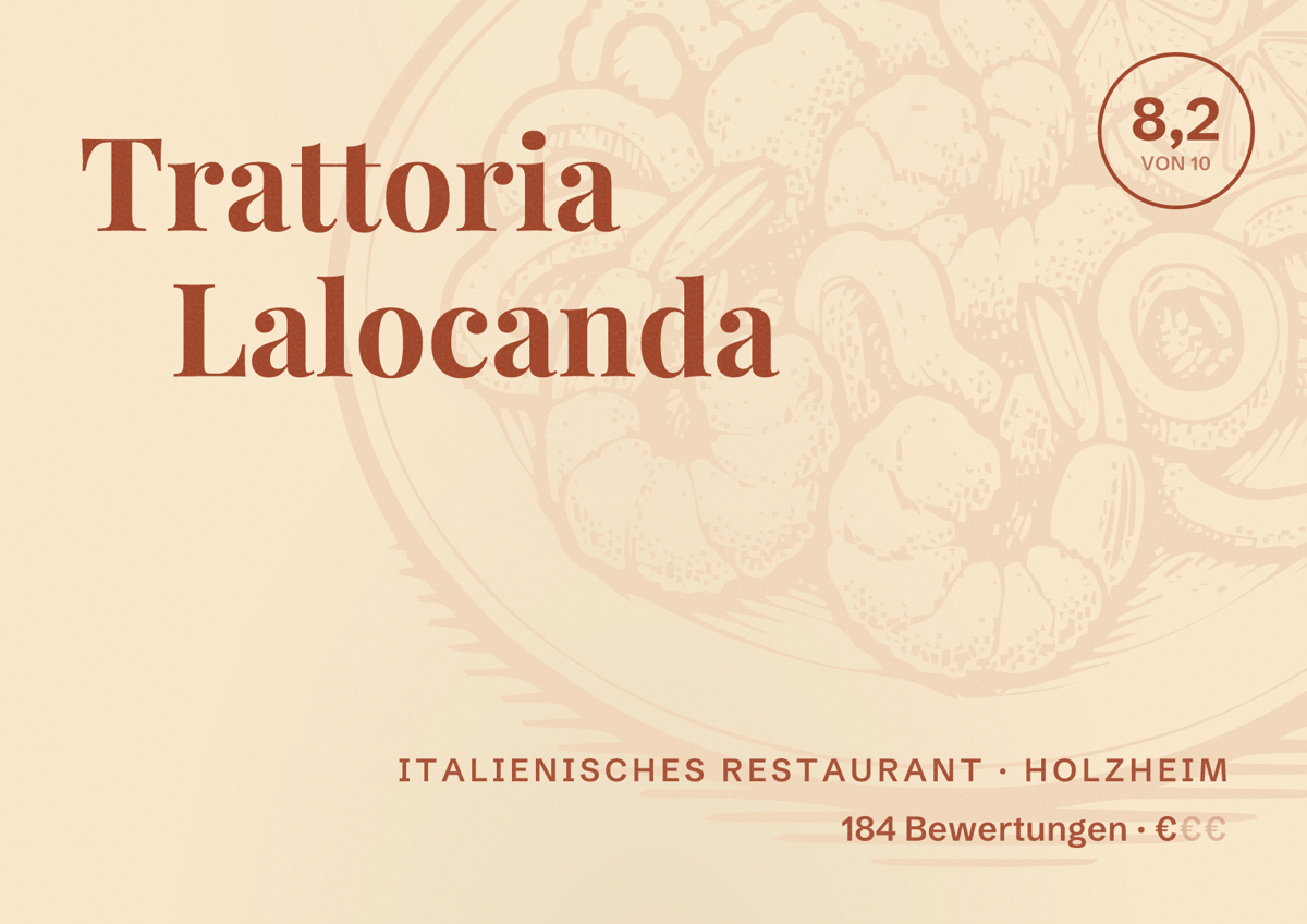Illustriertes Poster von Trattoria Lalocanda, Italienisches Restaurant in Holzheim: Bewertung 8,2 von 10 aus 184 Bewertungen, Preisniveau €