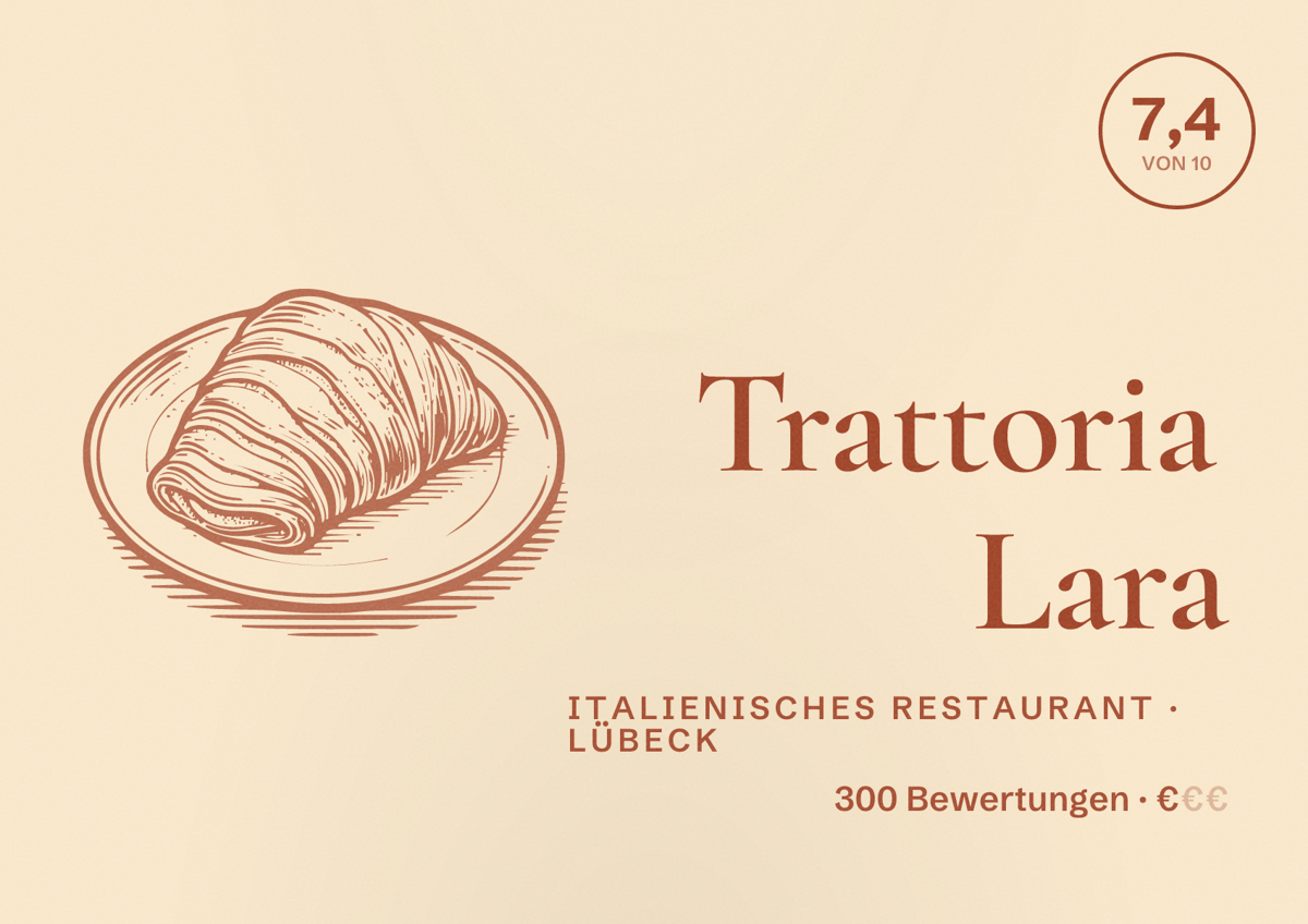 Illustriertes Poster von Trattoria Lara, Italienisches Restaurant in Lübeck: Bewertung 7,4 von 10 aus 300 Bewertungen, Preisniveau €