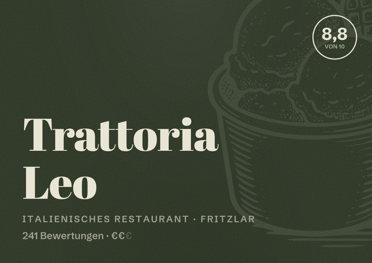 Illustriertes Poster von Trattoria Leo, Italienisches Restaurant in Fritzlar: Bewertung 8,8 von 10 aus 241 Bewertungen, Preisniveau €€