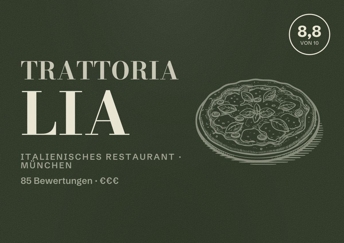 Illustriertes Poster von Trattoria Lia, Italienisches Restaurant in München: Bewertung 8,8 von 10 aus 85 Bewertungen, Preisniveau €€€