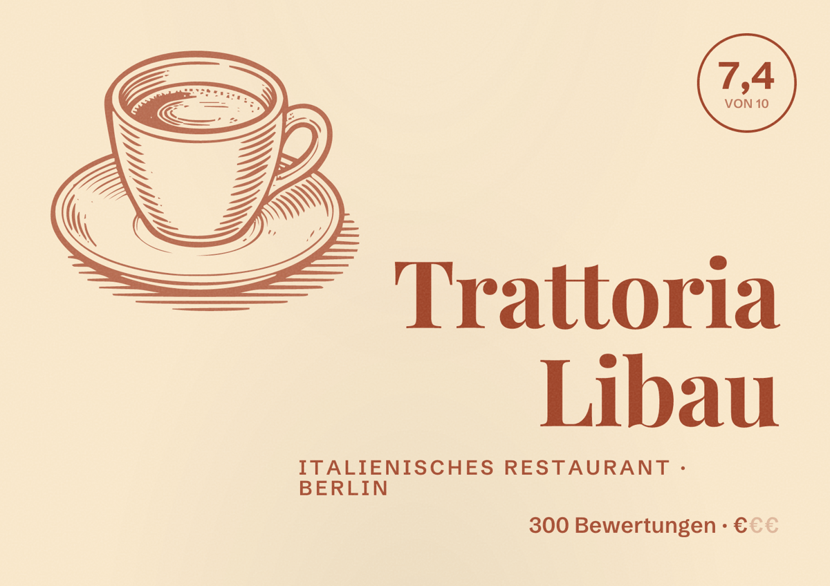 Illustriertes Poster von Trattoria Libau, Italienisches Restaurant in Berlin: Bewertung 7,4 von 10 aus 300 Bewertungen, Preisniveau €