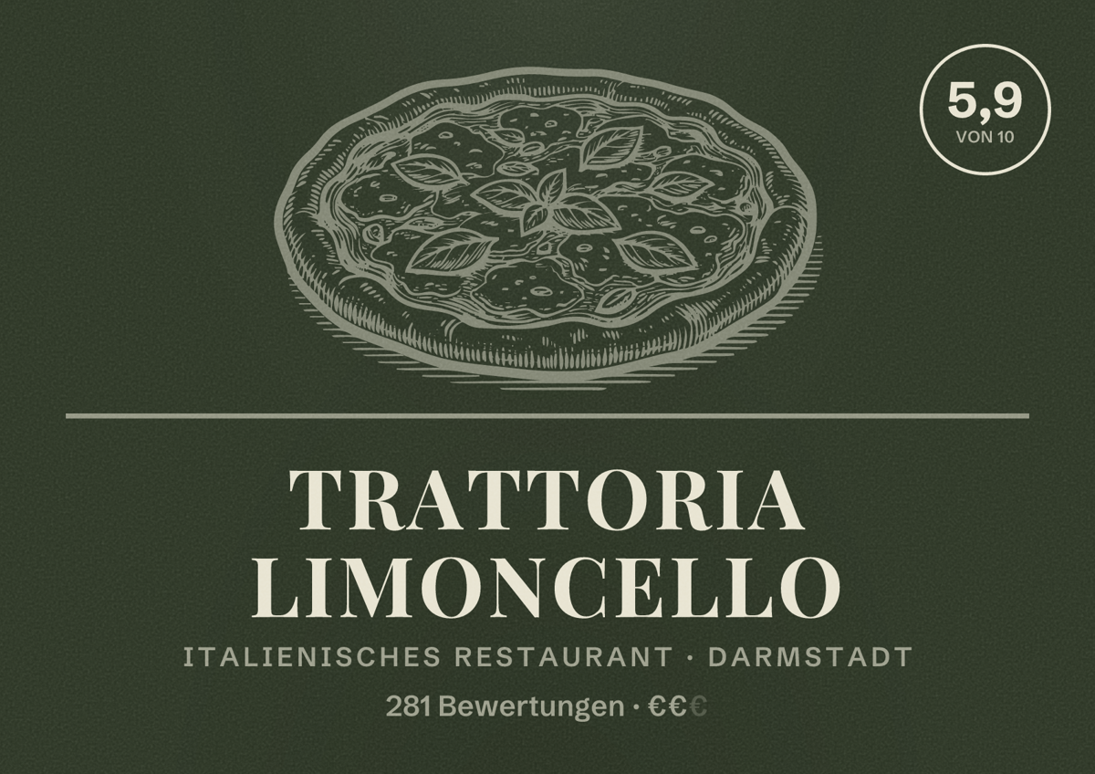Illustriertes Poster von Trattoria Limoncello, Italienisches Restaurant in Darmstadt: Bewertung 5,9 von 10 aus 281 Bewertungen, Preisniveau €€