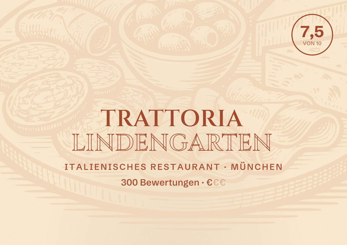 Illustriertes Poster von Trattoria Lindengarten, Italienisches Restaurant in München: Bewertung 7,5 von 10 aus 300 Bewertungen, Preisniveau €