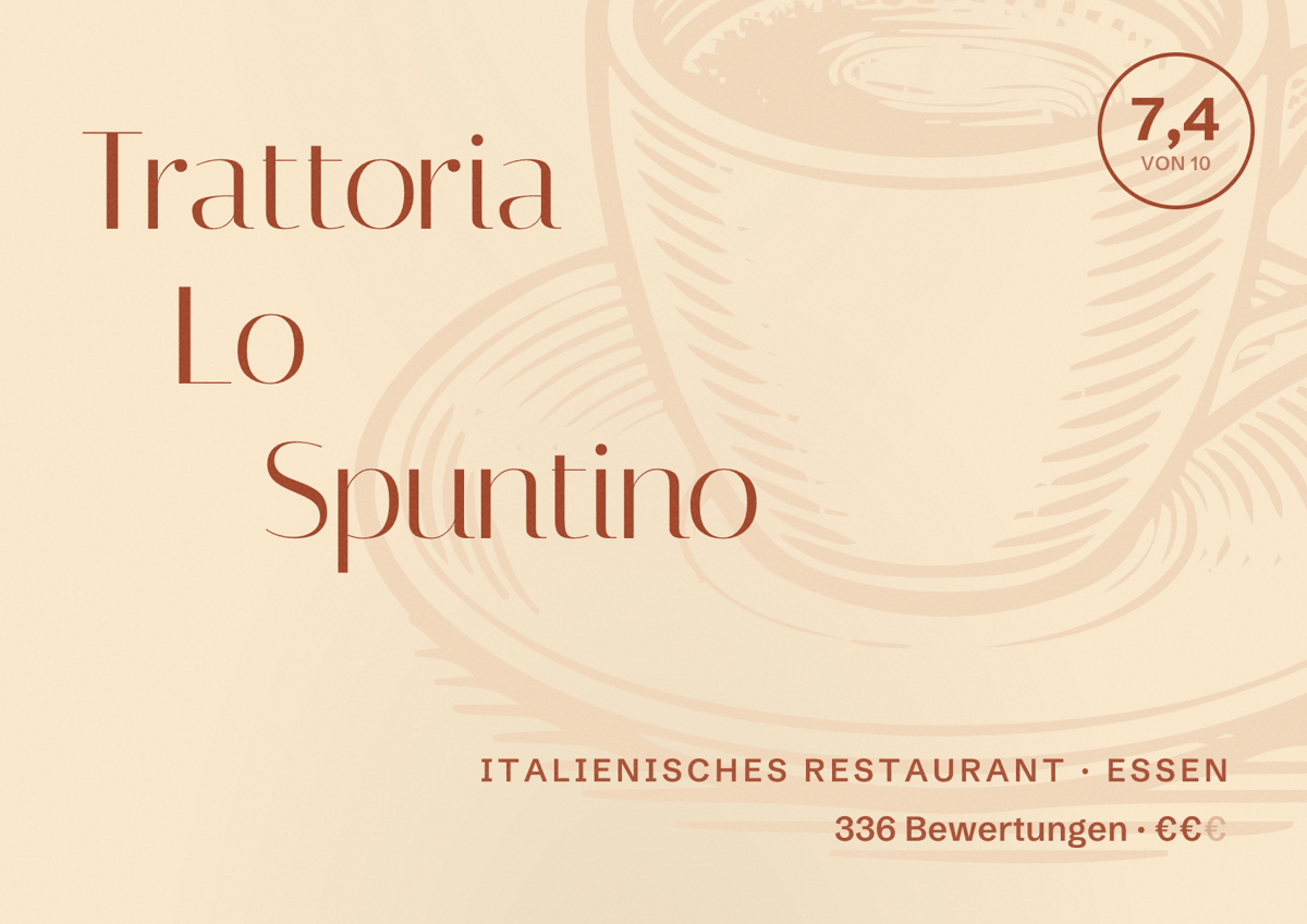 Illustriertes Poster von Trattoria Lo Spuntino, Italienisches Restaurant in Essen: Bewertung 7,4 von 10 aus 336 Bewertungen, Preisniveau €€