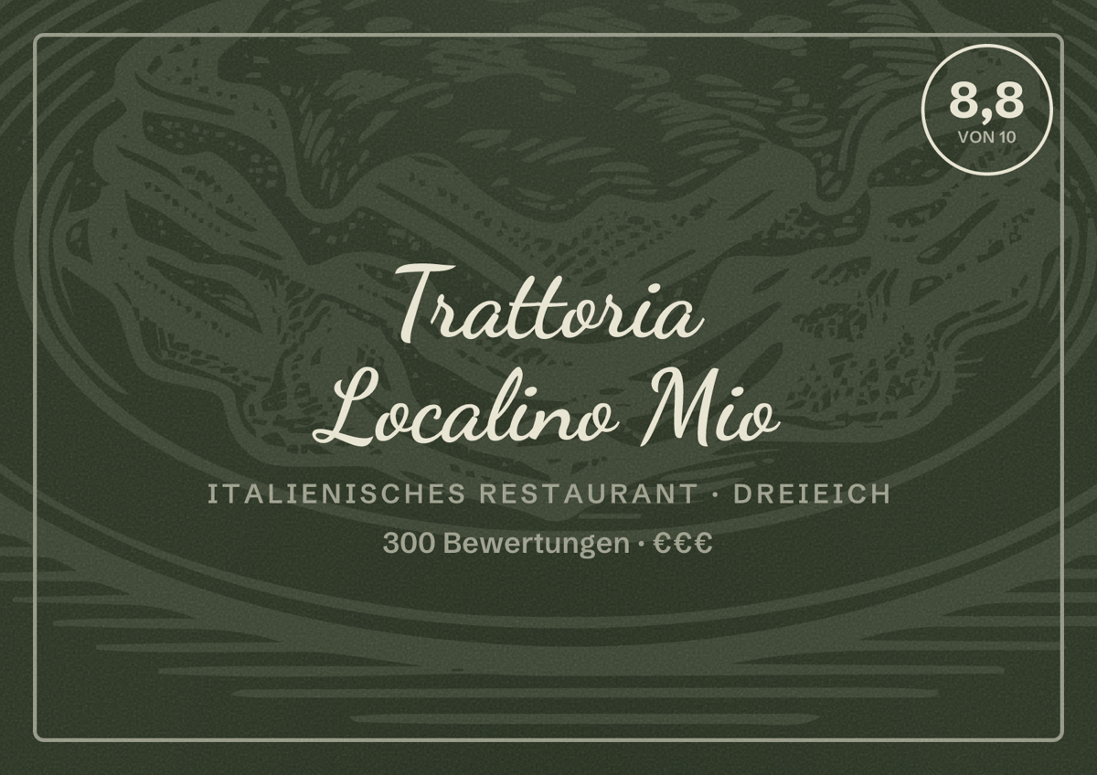 Illustriertes Poster von Trattoria Localino Mio, Italienisches Restaurant in Dreieich: Bewertung 8,8 von 10 aus 300 Bewertungen, Preisniveau €€€
