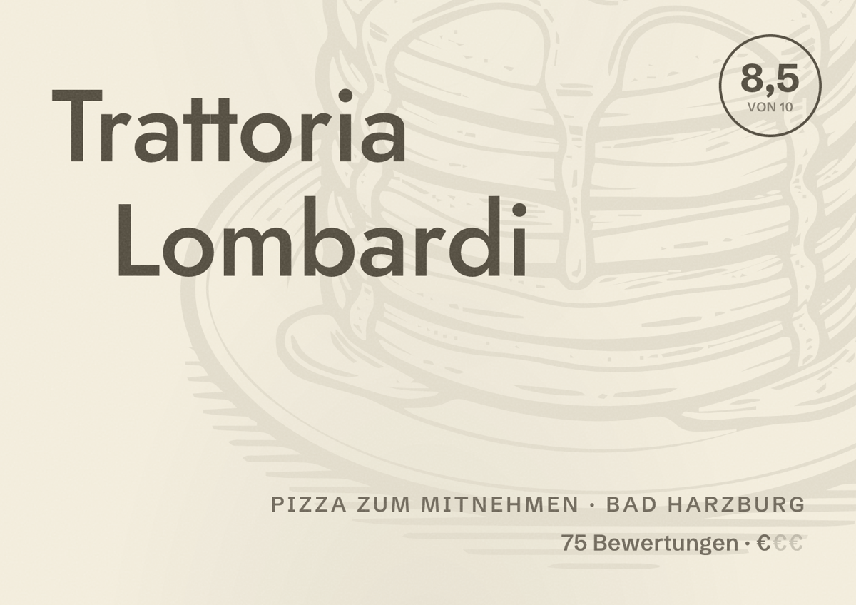 Illustriertes Poster von Trattoria Lombardi, Pizza zum Mitnehmen in Bad Harzburg: Bewertung 8,5 von 10 aus 75 Bewertungen, Preisniveau €