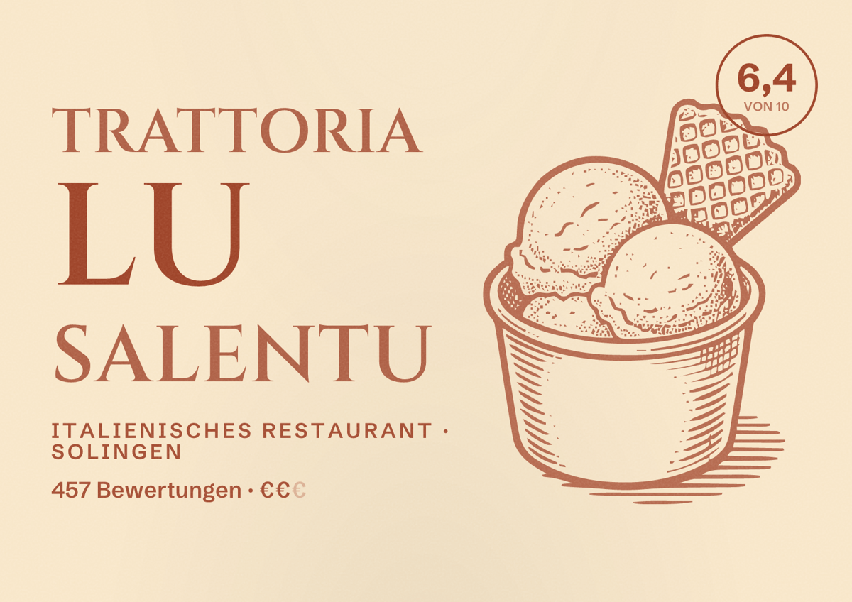 Illustriertes Poster von Trattoria Lu Salentu, Italienisches Restaurant in Solingen: Gästebewertung 6,4 von 10 aus 457 Bewertungen