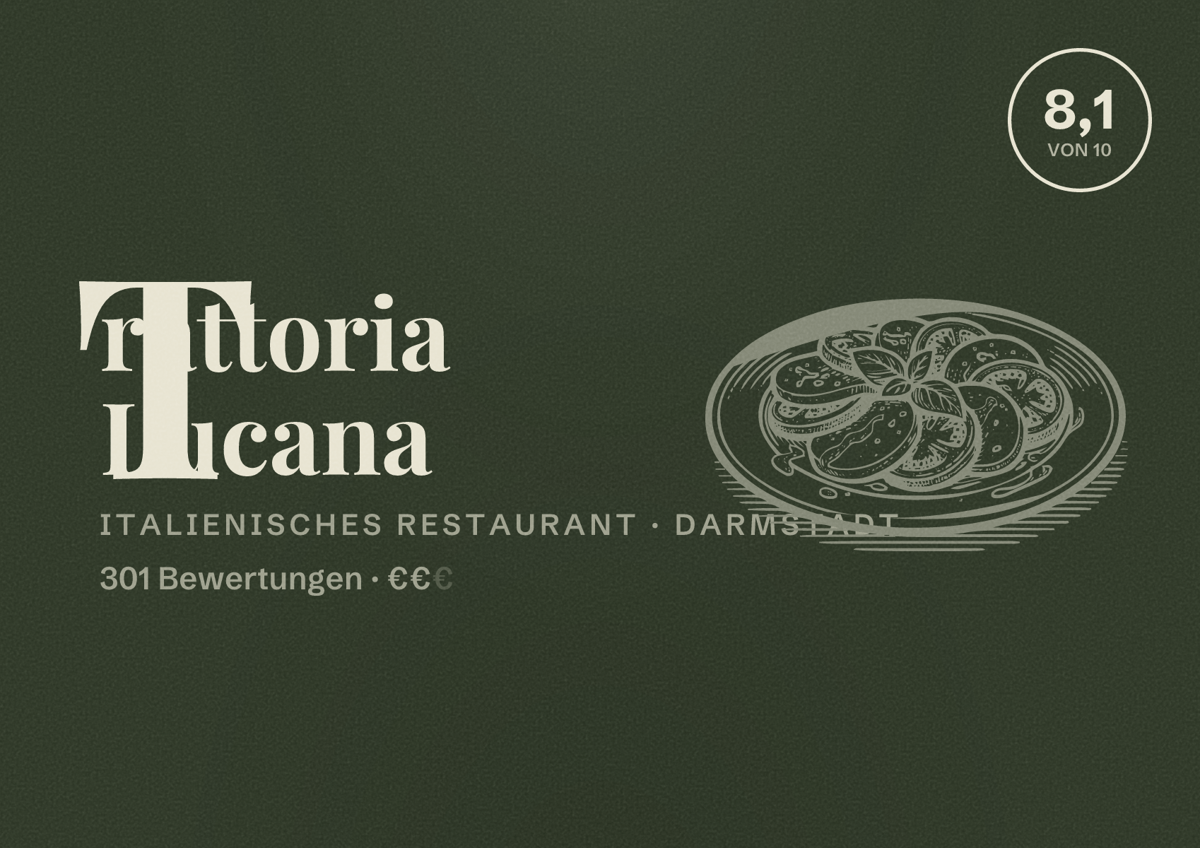 Illustriertes Poster von Trattoria Lucana, Italienisches Restaurant in Darmstadt: Gästebewertung 8,1 von 10 aus 301 Bewertungen