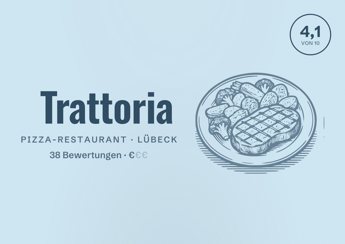 Illustriertes Poster von Trattoria, Pizza-Restaurant in Lübeck: Bewertung 4,1 von 10 aus 38 Bewertungen, Preisniveau €