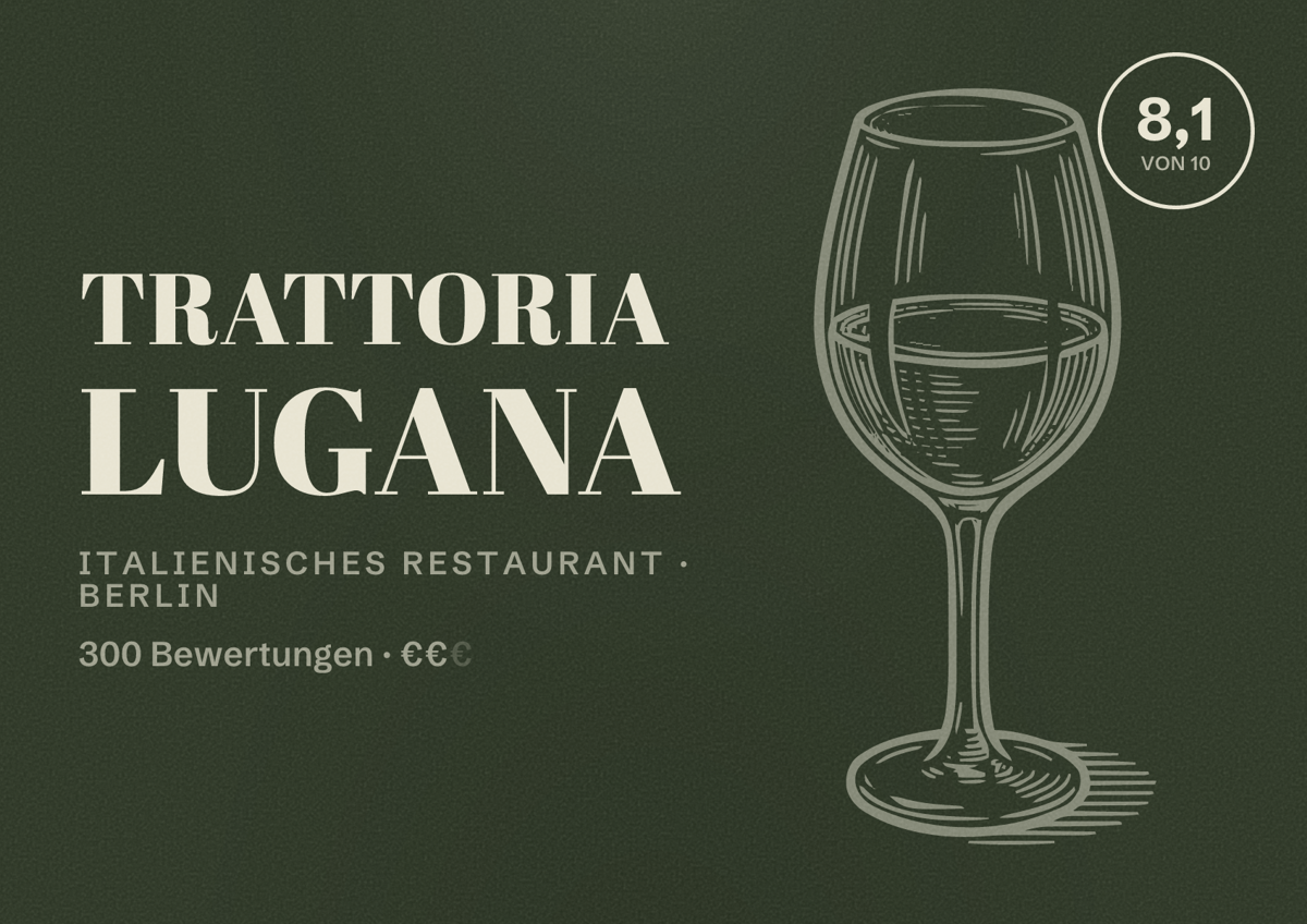 Illustriertes Poster von Trattoria Lugana, Italienisches Restaurant in Berlin: Bewertung 8,1 von 10 aus 300 Bewertungen, Preisniveau €€