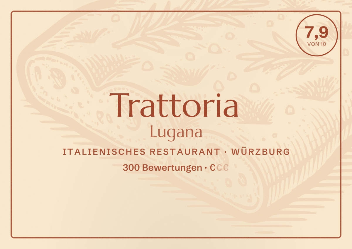Illustriertes Poster von Trattoria Lugana, Italienisches Restaurant in Würzburg: Bewertung 7,9 von 10 aus 300 Bewertungen, Preisniveau €