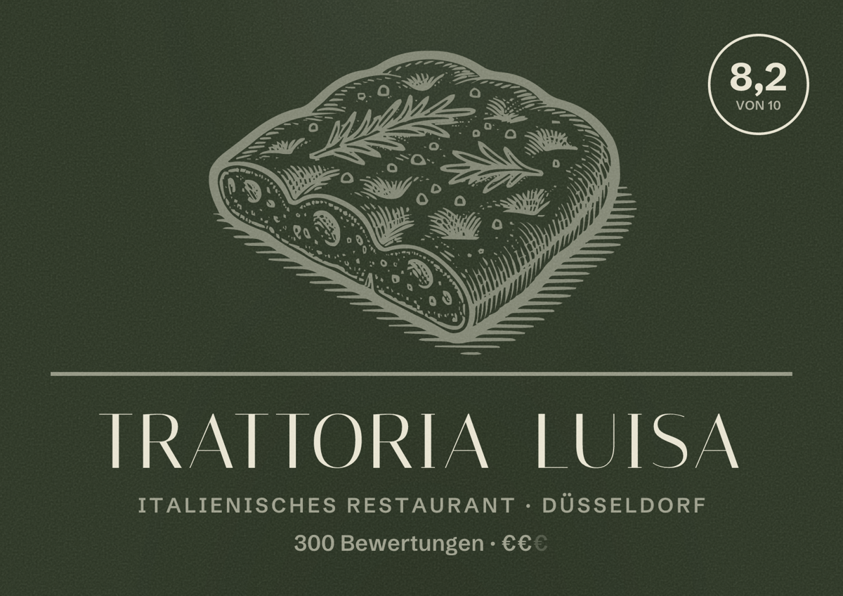 Illustriertes Poster von Trattoria Luisa, Italienisches Restaurant in Düsseldorf: Bewertung 8,2 von 10 aus 300 Bewertungen, Preisniveau €€