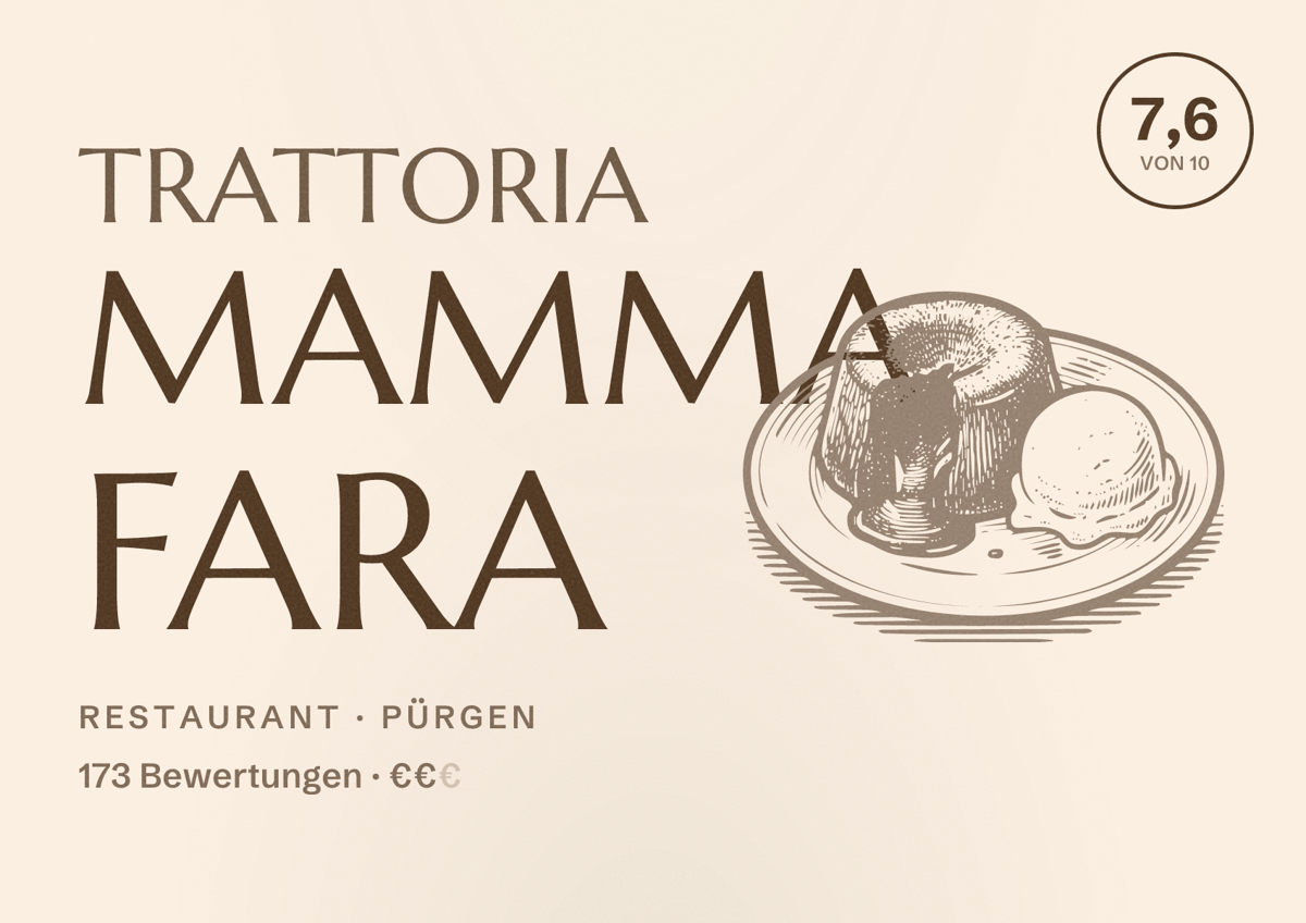 Illustriertes Poster von Trattoria Mamma Fara, Restaurant in Pürgen: Bewertung 7,6 von 10 aus 173 Bewertungen, Preisniveau €€