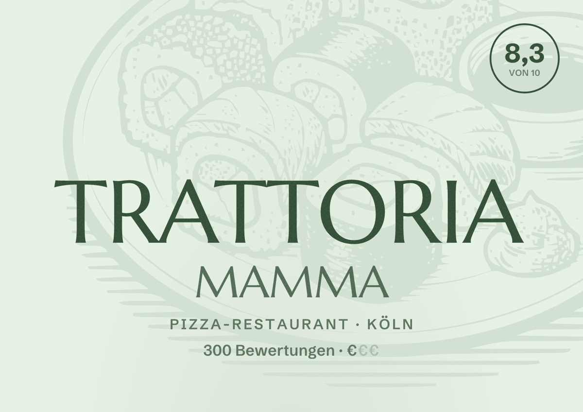 Illustriertes Poster von TRATTORIA MAMMA, Pizza-Restaurant in Köln: Bewertung 8,3 von 10 aus 300 Bewertungen, Preisniveau €
