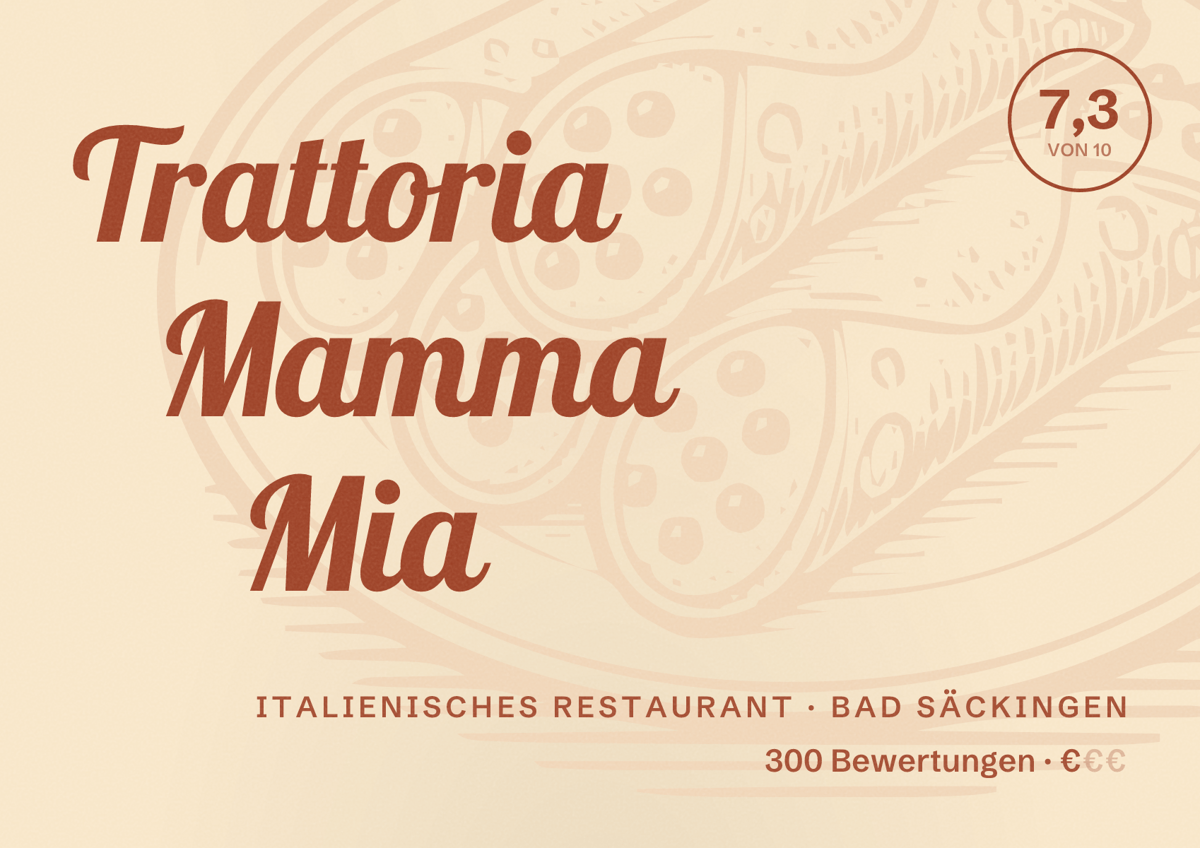 Illustriertes Poster von Trattoria Mamma Mia, Italienisches Restaurant in Bad Säckingen: Bewertung 7,3 von 10 aus 300 Bewertungen, Preisniveau €
