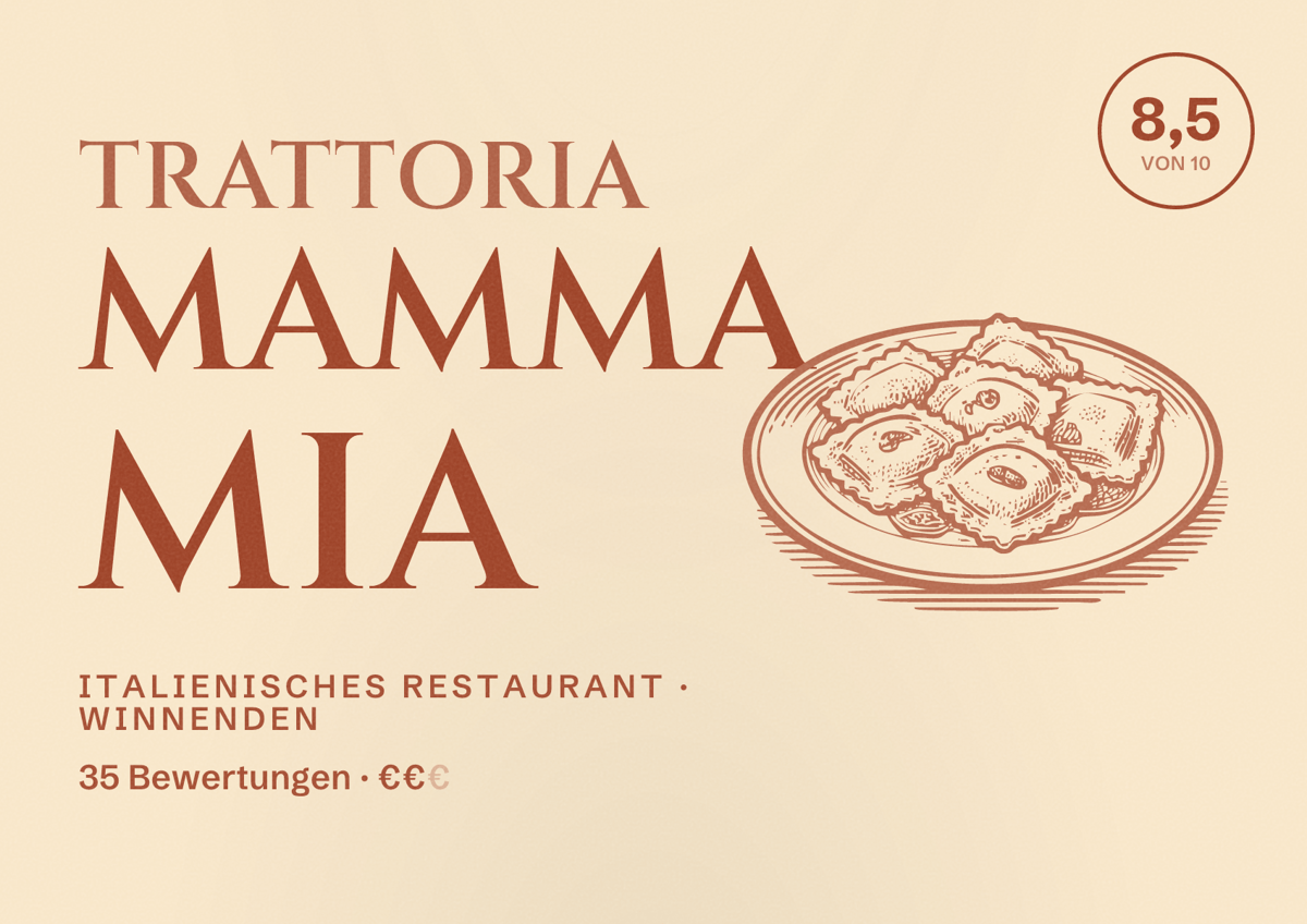 Illustriertes Poster von Trattoria Mamma Mia, Italienisches Restaurant in Winnenden: Bewertung 8,5 von 10 aus 35 Bewertungen, Preisniveau €€