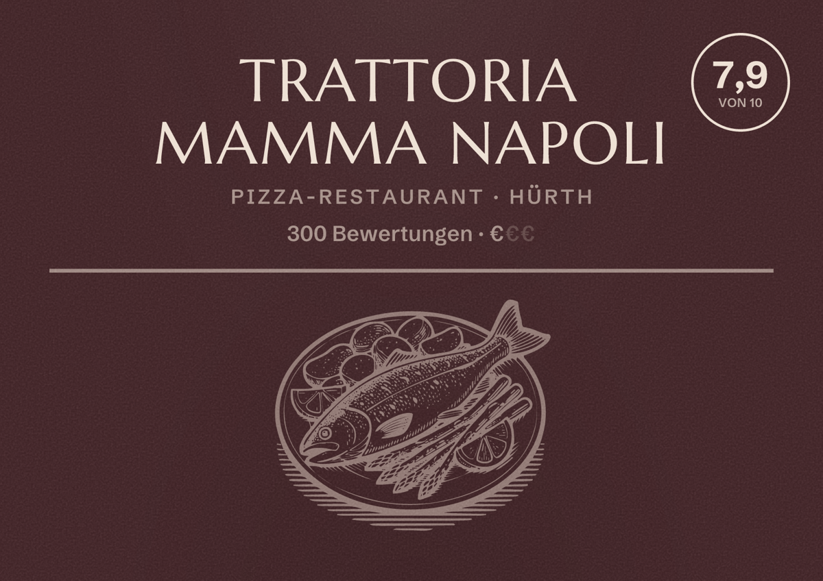 Illustriertes Poster von Trattoria Mamma Napoli, Pizza-Restaurant in Hürth: Bewertung 7,9 von 10 aus 300 Bewertungen, Preisniveau €