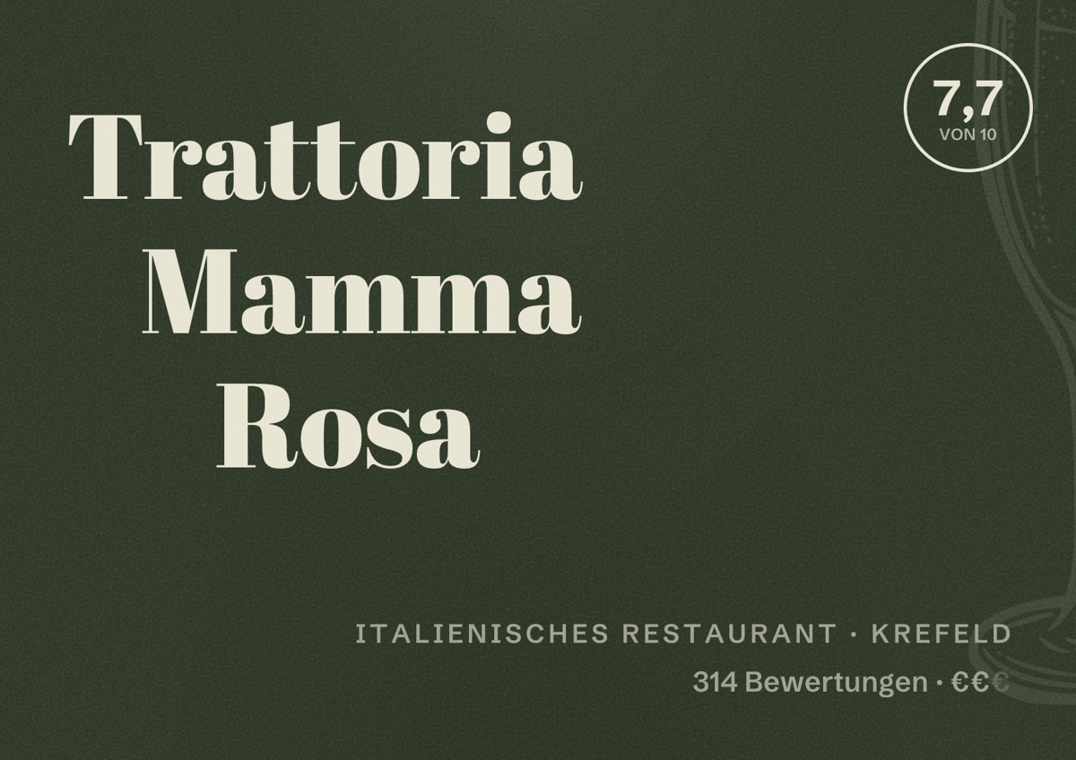 Illustriertes Poster von Trattoria Mamma Rosa, Italienisches Restaurant in Krefeld: Bewertung 7,7 von 10 aus 314 Bewertungen, Preisniveau €€