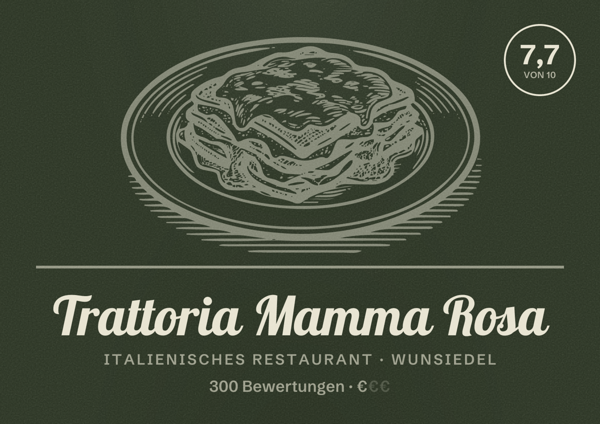 Illustriertes Poster von Trattoria Mamma Rosa, Italienisches Restaurant in Wunsiedel: Bewertung 7,7 von 10 aus 300 Bewertungen, Preisniveau €