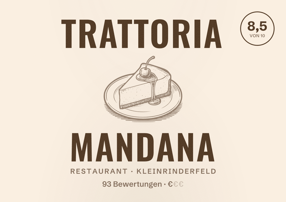 Illustriertes Poster von Trattoria Mandana, Restaurant in Kleinrinderfeld: Bewertung 8,5 von 10 aus 93 Bewertungen, Preisniveau €