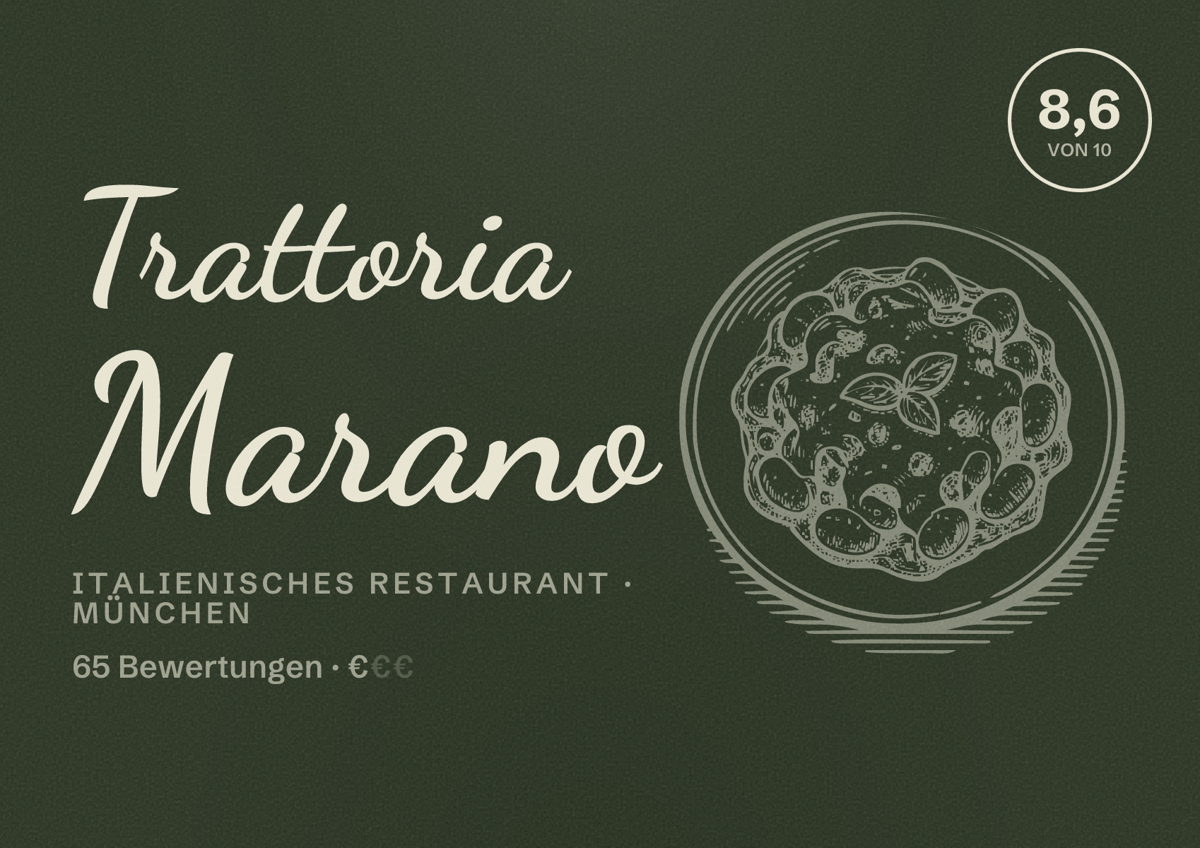 Illustriertes Poster von Trattoria Marano, Italienisches Restaurant in München: Bewertung 8,6 von 10 aus 65 Bewertungen, Preisniveau €