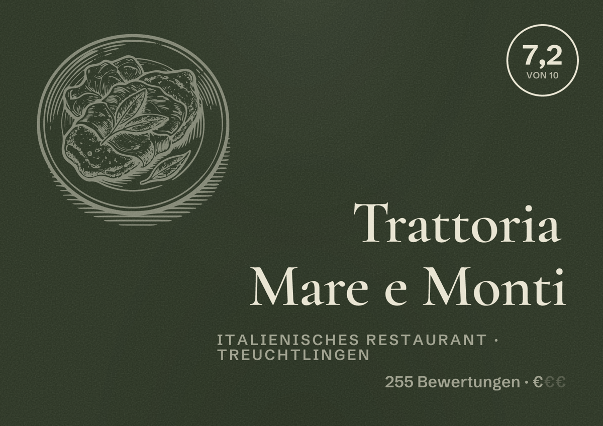 Illustriertes Poster von Trattoria Mare e Monti, Italienisches Restaurant in Treuchtlingen: Bewertung 7,2 von 10 aus 255 Bewertungen, Preisniveau €