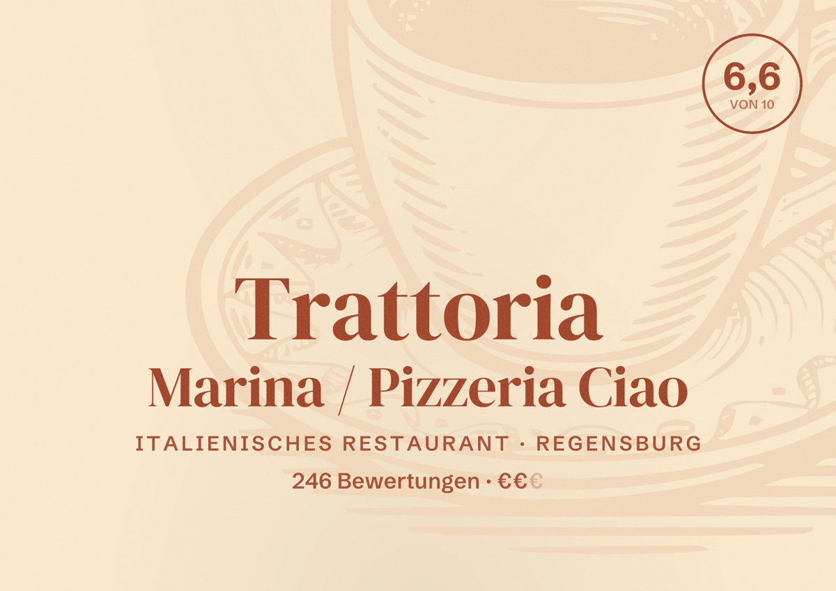Illustriertes Poster von Trattoria Marina / Pizzeria Ciao, Italienisches Restaurant in Regensburg: Bewertung 6,6 von 10 aus 246 Bewertungen, Preisniveau €€