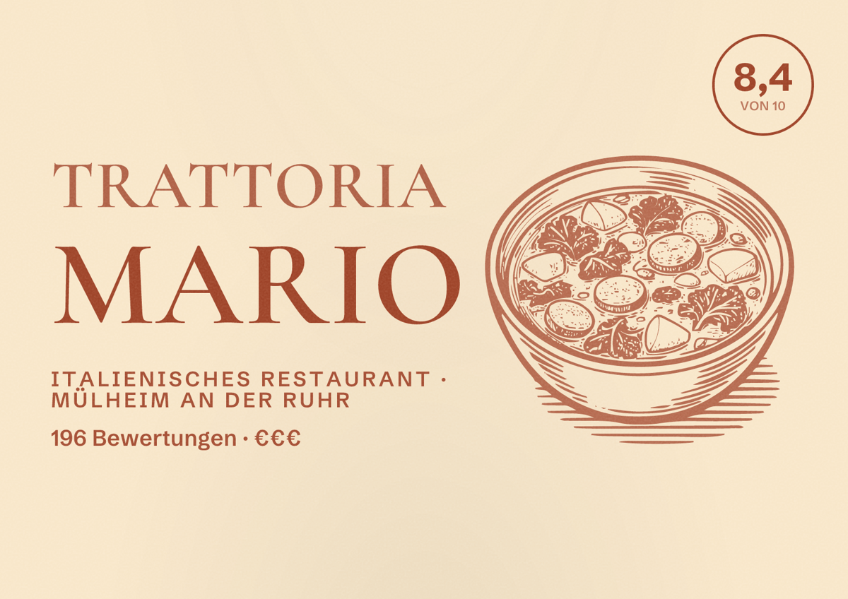 Illustriertes Poster von Trattoria Mario, Italienisches Restaurant in Mülheim an der Ruhr: Bewertung 8,4 von 10 aus 196 Bewertungen, Preisniveau €€€