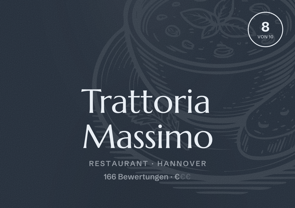 Illustriertes Poster von Trattoria Massimo, Restaurant in Hannover: Bewertung 8 von 10 aus 166 Bewertungen, Preisniveau €