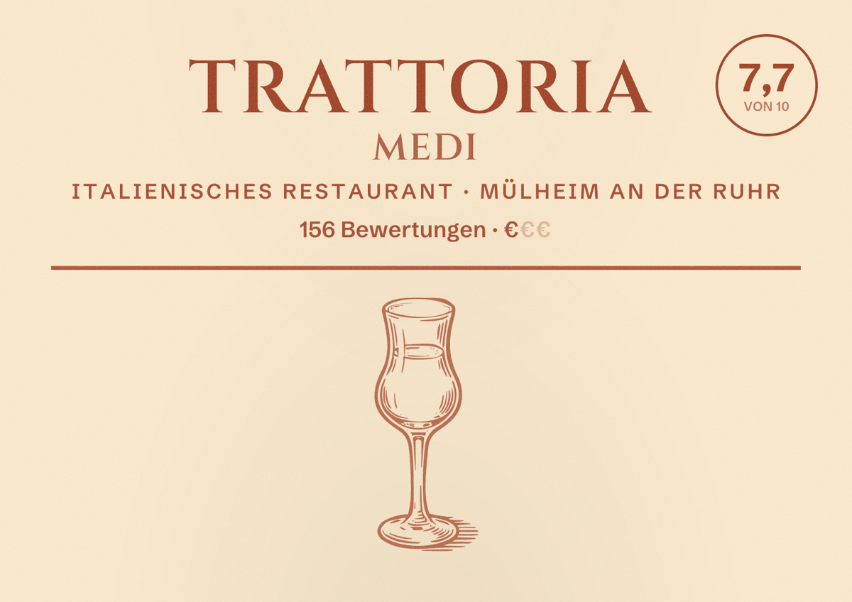 Illustriertes Poster von Trattoria Medi, Italienisches Restaurant in Mülheim an der Ruhr: Bewertung 7,7 von 10 aus 156 Bewertungen, Preisniveau €