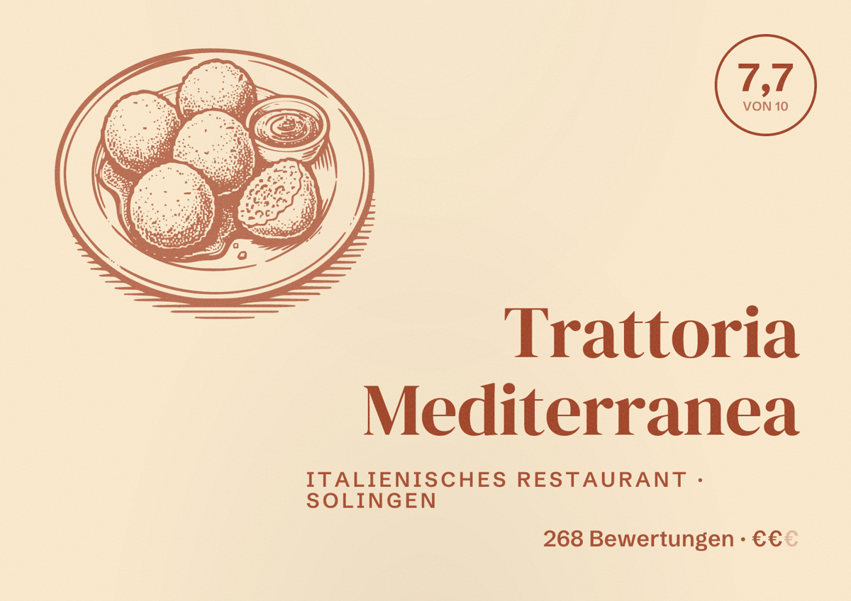Illustriertes Poster von Trattoria Mediterranea, Italienisches Restaurant in Solingen: Gästebewertung 7,7 von 10 aus 268 Bewertungen
