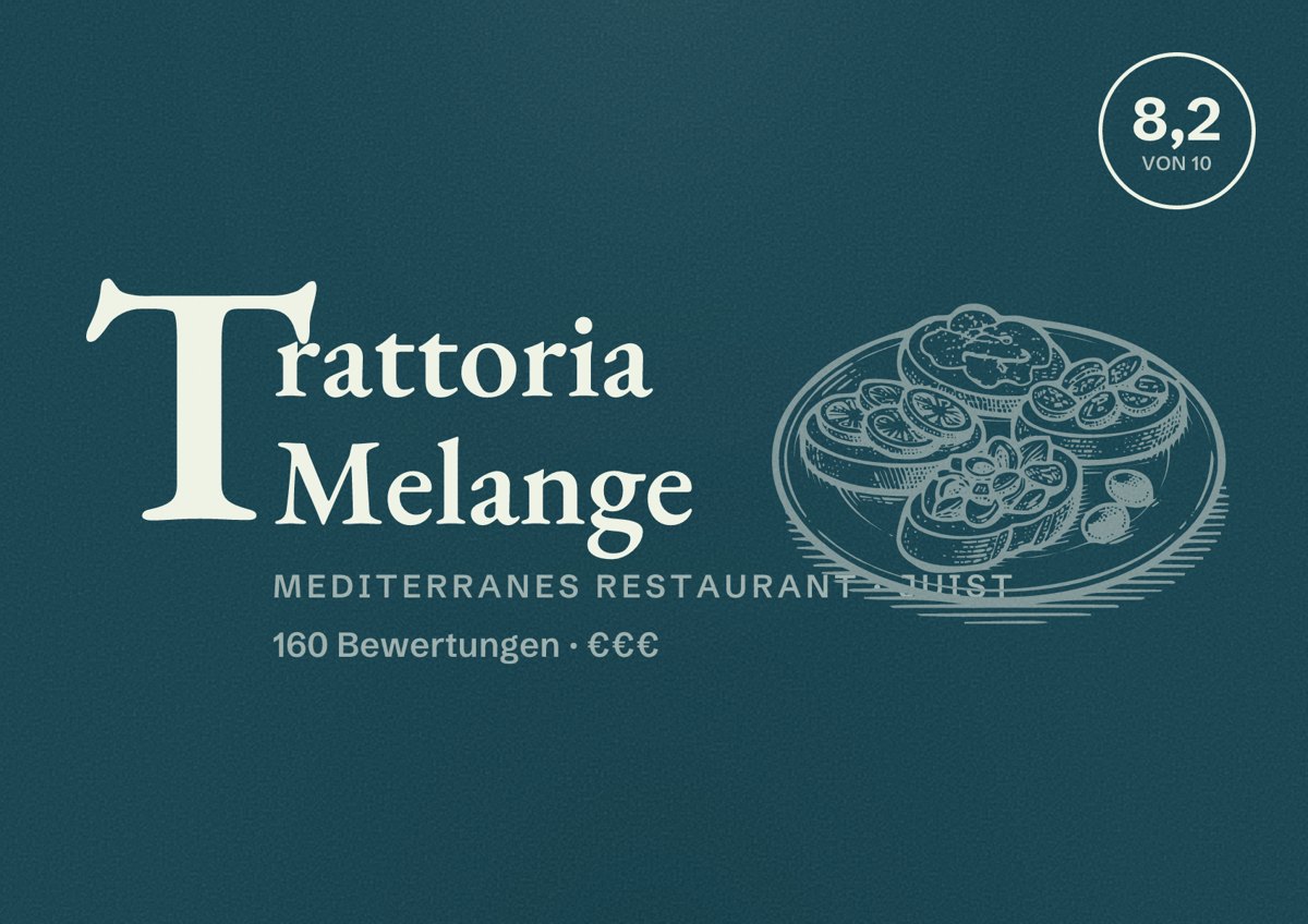 Illustriertes Poster von Trattoria Melange, Mediterranes Restaurant in Juist: Bewertung 8,2 von 10 aus 160 Bewertungen, Preisniveau €€€