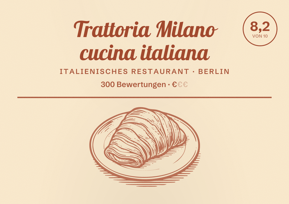 Illustriertes Poster von Trattoria Milano cucina italiana, Italienisches Restaurant in Berlin: Bewertung 8,2 von 10 aus 300 Bewertungen, Preisniveau €