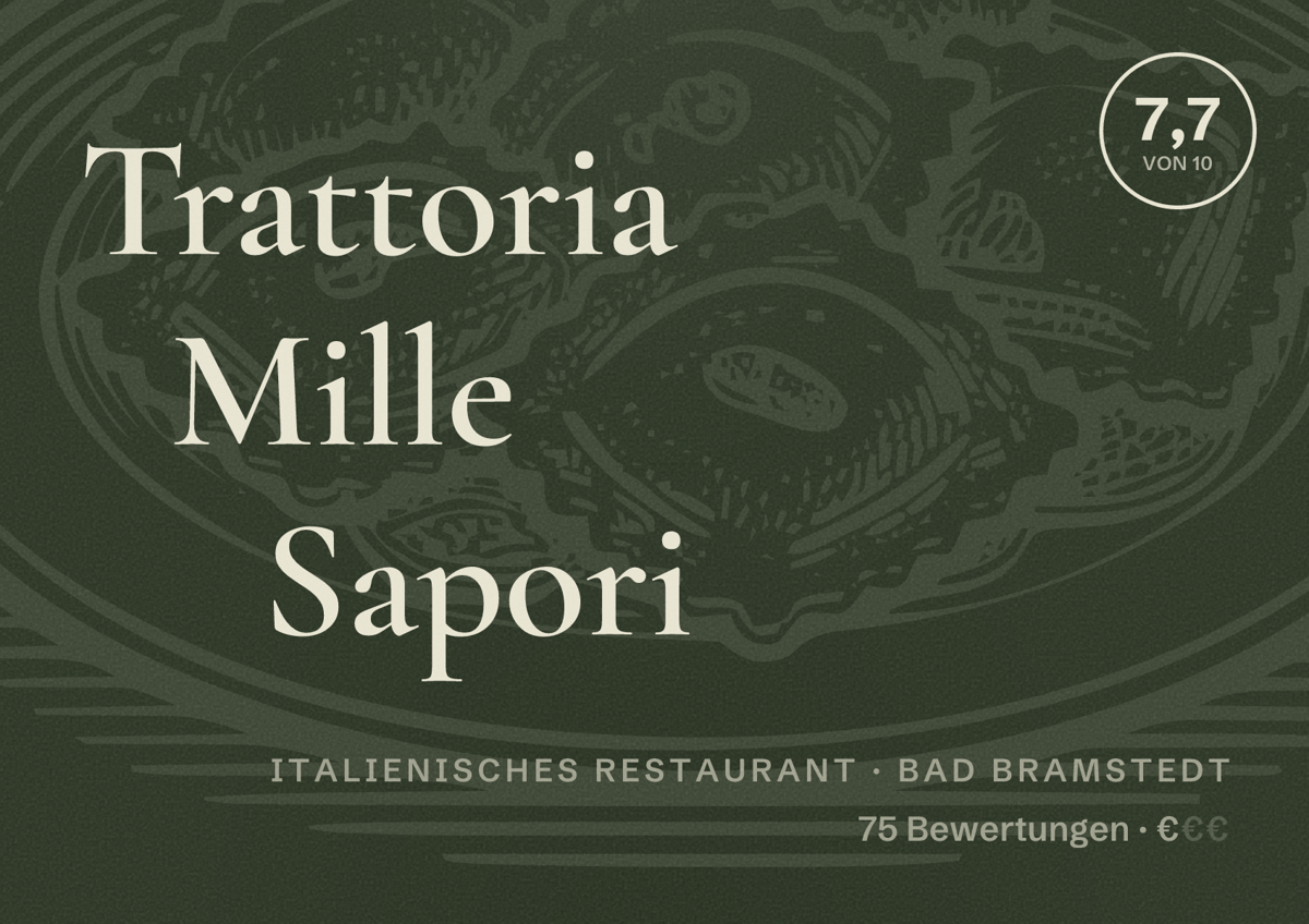 Illustriertes Poster von Trattoria Mille Sapori, Italienisches Restaurant in Bad Bramstedt: Bewertung 7,7 von 10 aus 75 Bewertungen, Preisniveau €