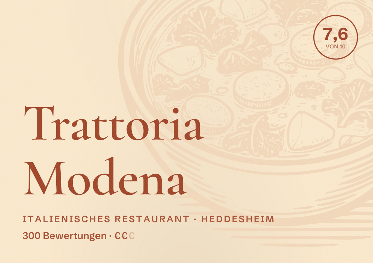 Illustriertes Poster von Trattoria Modena, Italienisches Restaurant in Heddesheim: Bewertung 7,6 von 10 aus 300 Bewertungen, Preisniveau €€