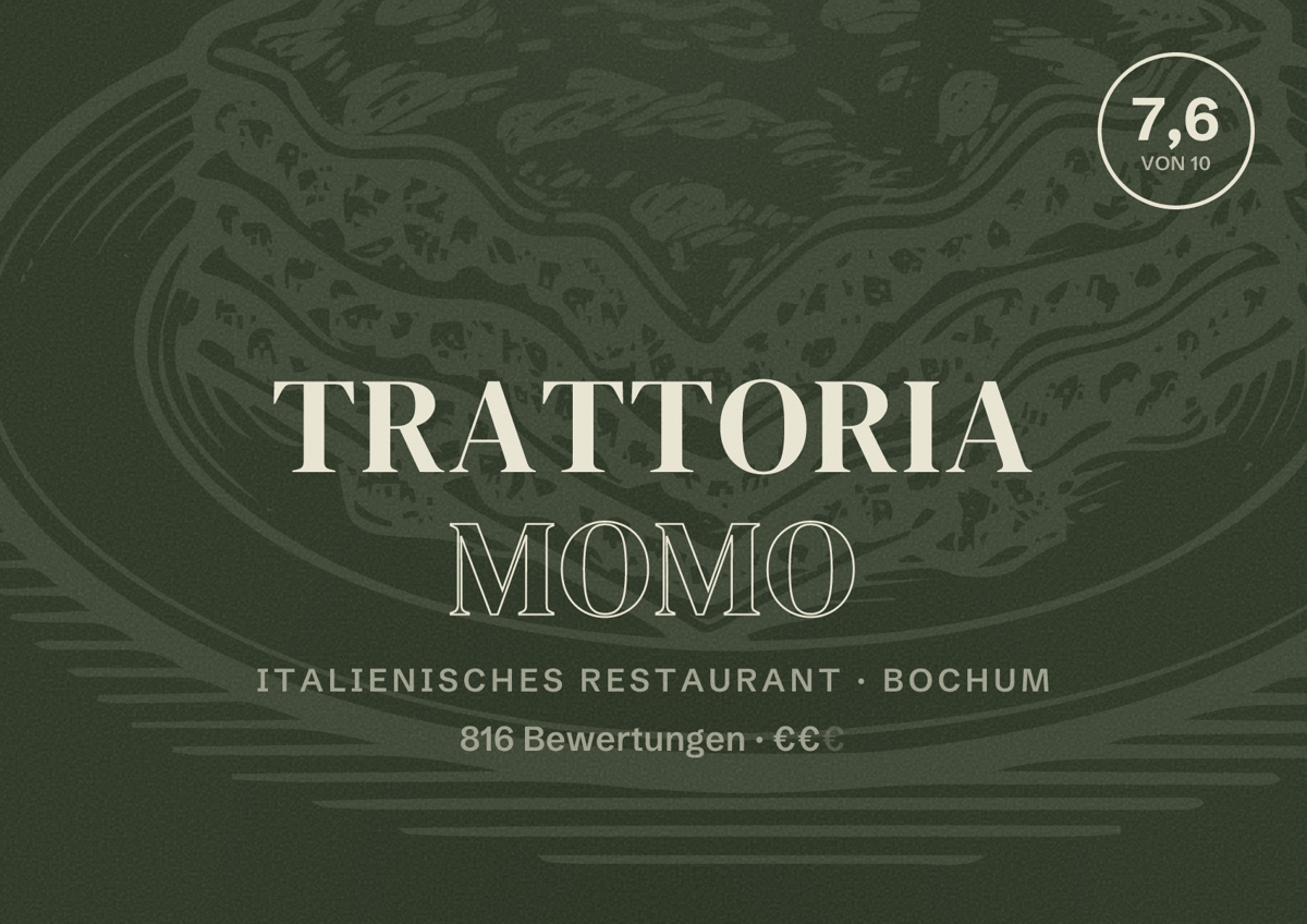 Illustriertes Poster von Trattoria Momo, Italienisches Restaurant in Bochum: Bewertung 7,6 von 10 aus 816 Bewertungen, Preisniveau €€