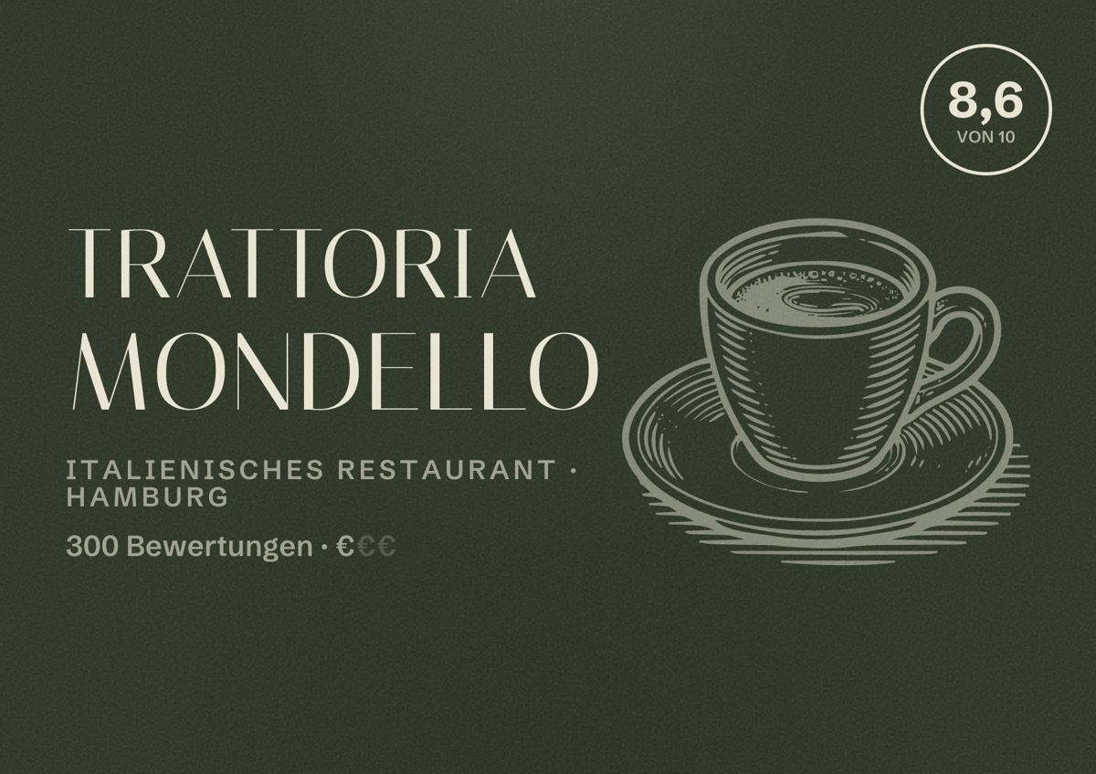 Illustriertes Poster von Trattoria Mondello, Italienisches Restaurant in Hamburg: Bewertung 8,6 von 10 aus 300 Bewertungen, Preisniveau €
