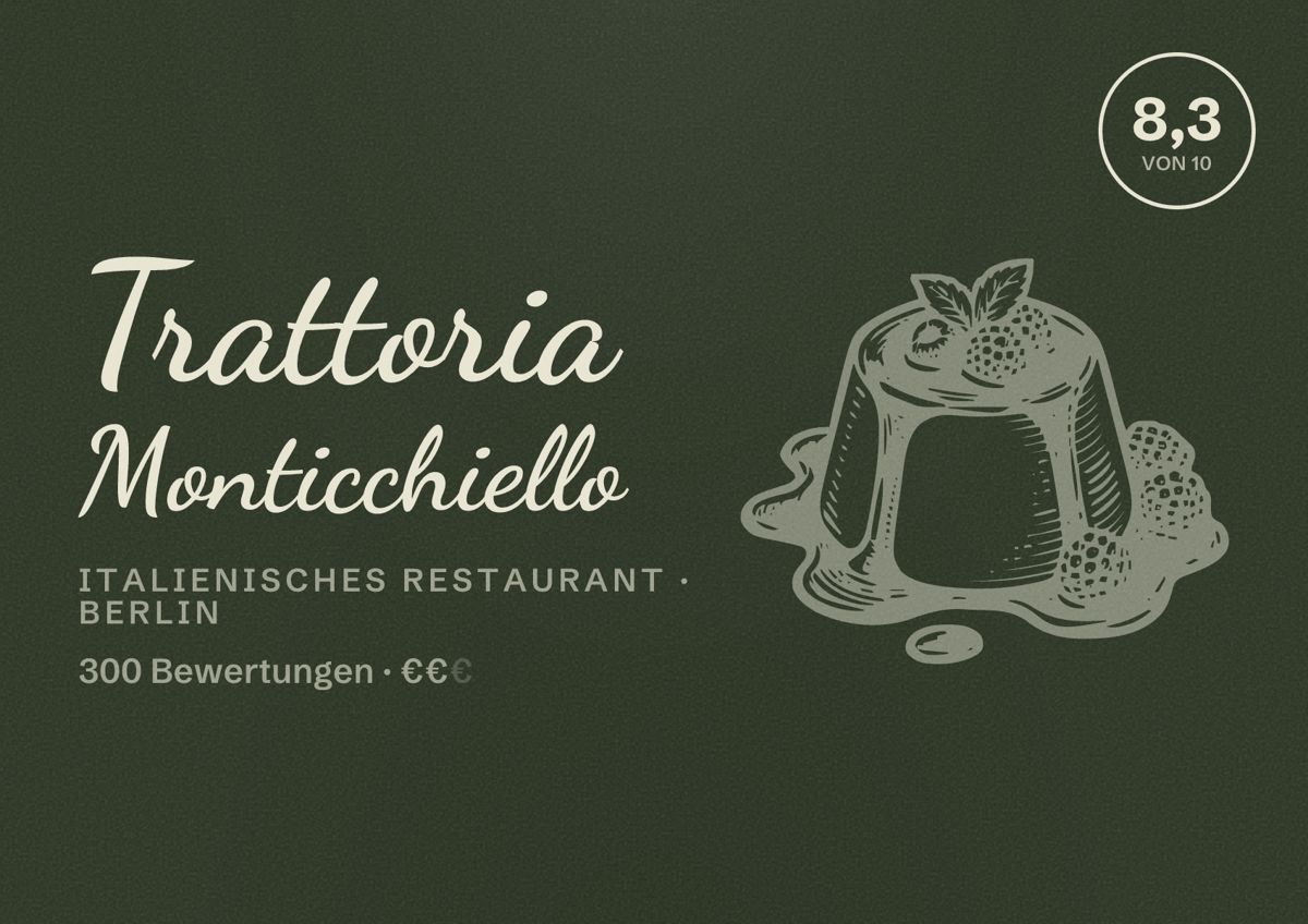 Illustriertes Poster von Trattoria Monticchiello, Italienisches Restaurant in Berlin: Bewertung 8,3 von 10 aus 300 Bewertungen, Preisniveau €€