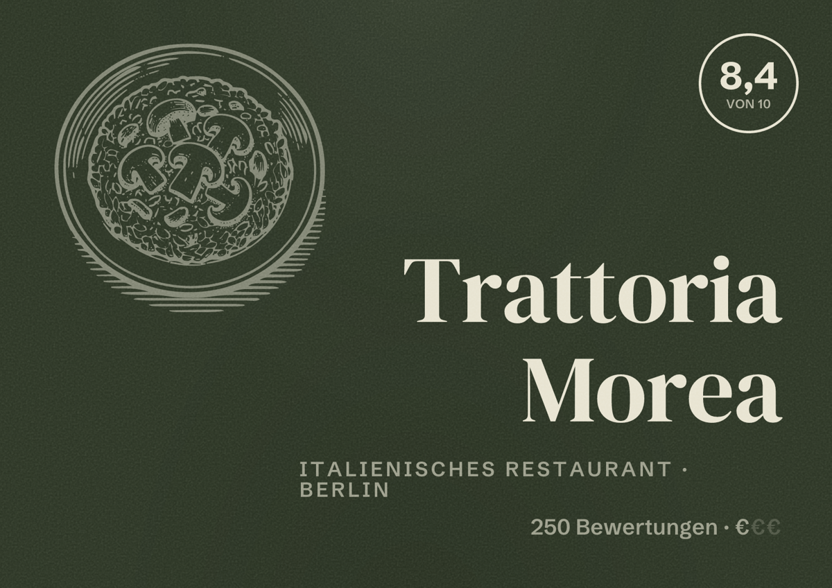 Illustriertes Poster von Trattoria Morea, Italienisches Restaurant in Berlin: Bewertung 8,4 von 10 aus 250 Bewertungen, Preisniveau €