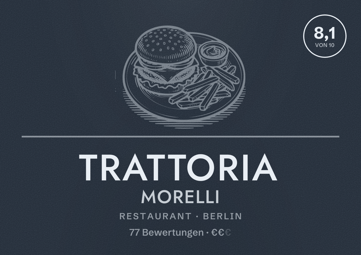 Illustriertes Poster von Trattoria Morelli, Restaurant in Berlin: Bewertung 8,1 von 10 aus 77 Bewertungen, Preisniveau €€
