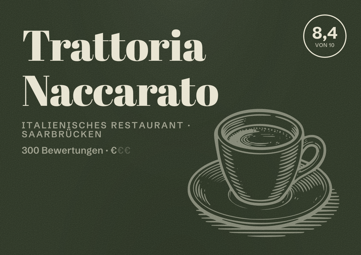 Illustriertes Poster von Trattoria Naccarato, Italienisches Restaurant in Saarbrücken: Bewertung 8,4 von 10 aus 300 Bewertungen, Preisniveau €