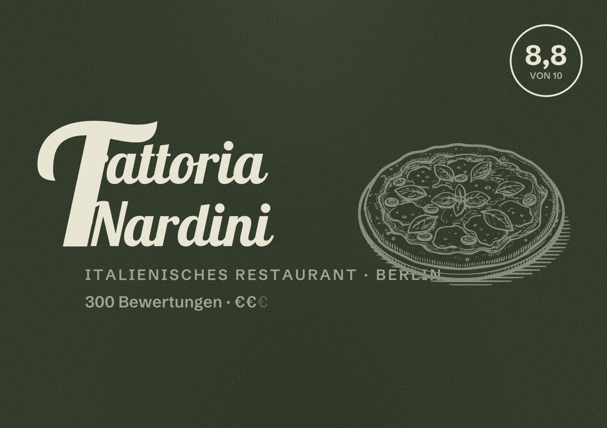 Illustriertes Poster von Trattoria Nardini, Italienisches Restaurant in Berlin: Bewertung 8,8 von 10 aus 300 Bewertungen, Preisniveau €€