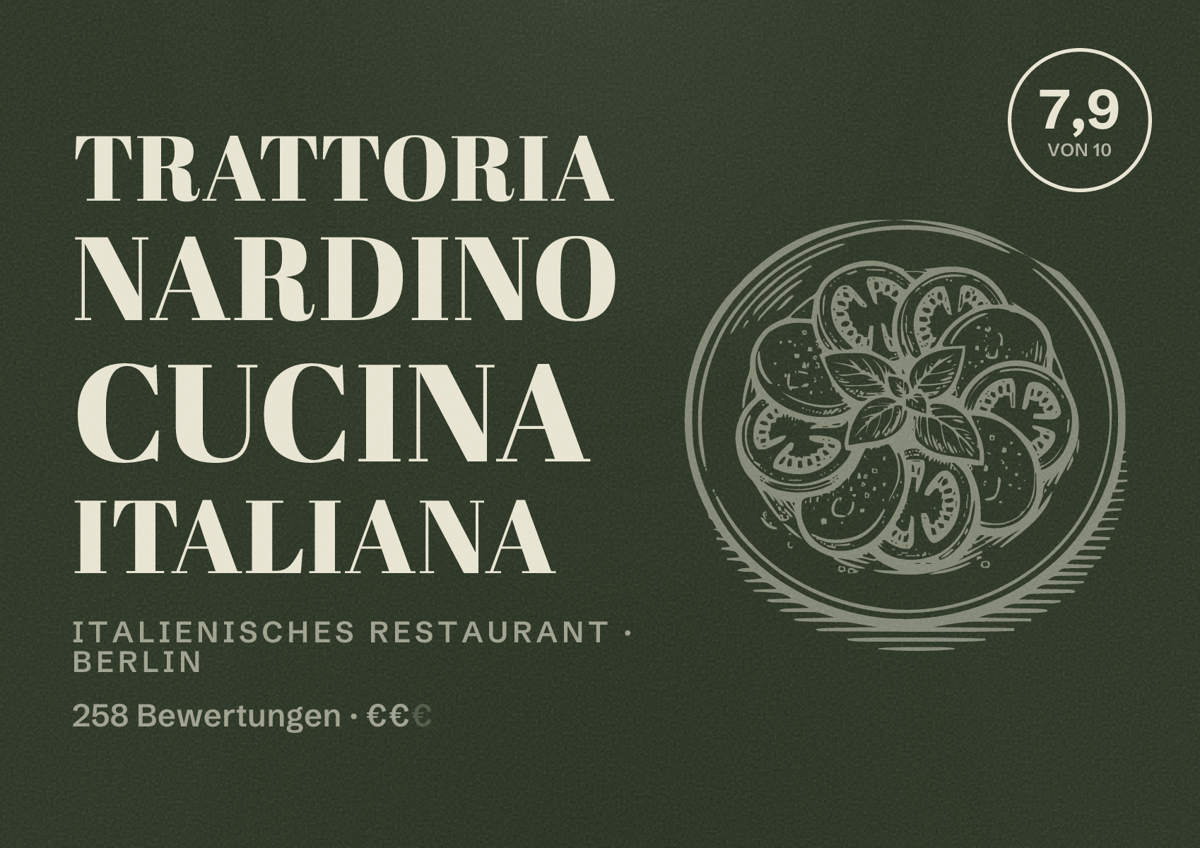 Illustriertes Poster von Trattoria Nardino Cucina Italiana, Italienisches Restaurant in Berlin: Bewertung 7,9 von 10 aus 258 Bewertungen, Preisniveau €€