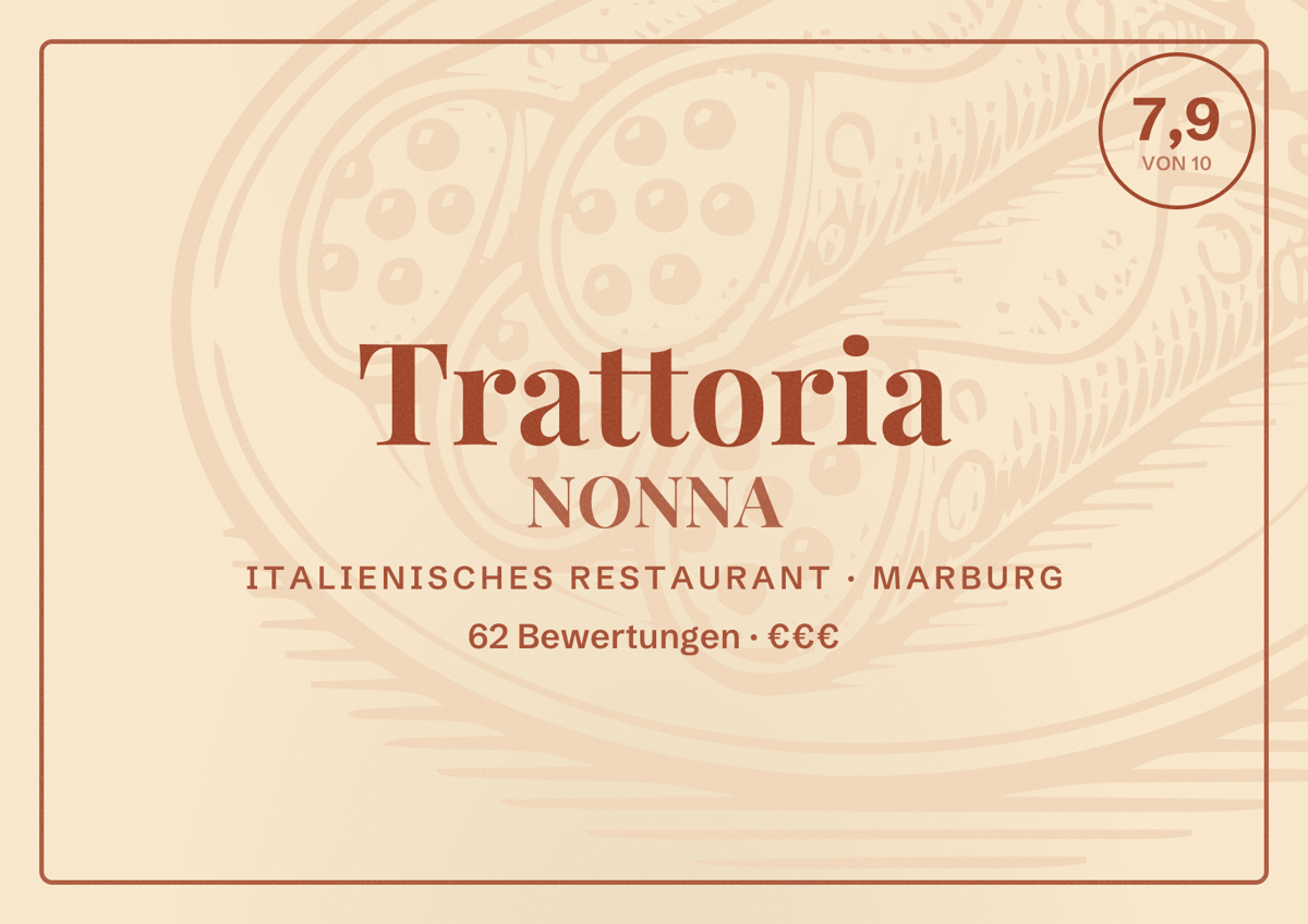 Illustriertes Poster von Trattoria NONNA, Italienisches Restaurant in Marburg: Bewertung 7,9 von 10 aus 62 Bewertungen, Preisniveau €€€