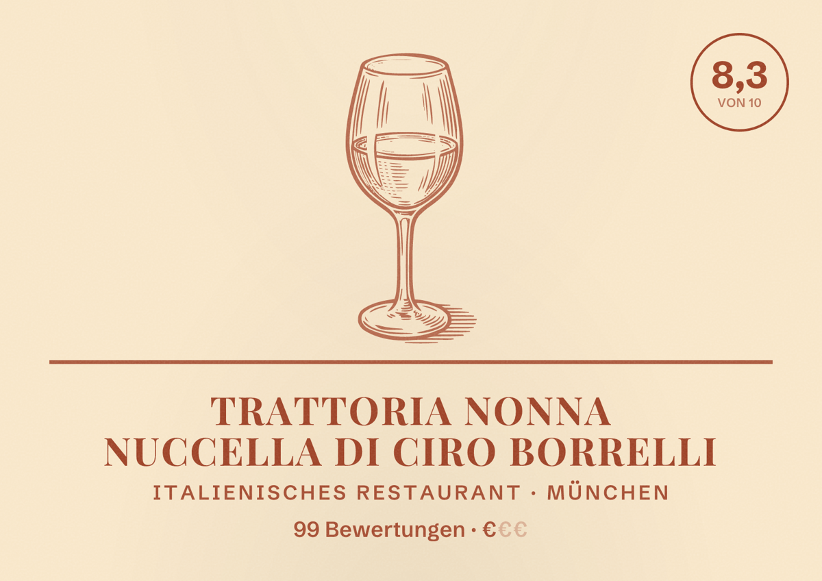 Illustriertes Poster von Trattoria Nonna Nuccella di Ciro Borrelli, Italienisches Restaurant in München: Bewertung 8,3 von 10 aus 99 Bewertungen, Preisniveau €