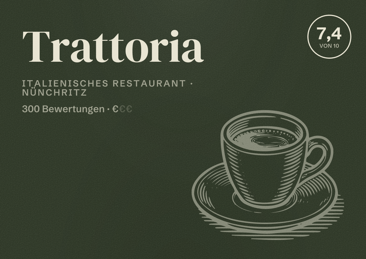 Illustriertes Poster von Trattoria, Italienisches Restaurant in Nünchritz: Bewertung 7,4 von 10 aus 300 Bewertungen, Preisniveau €